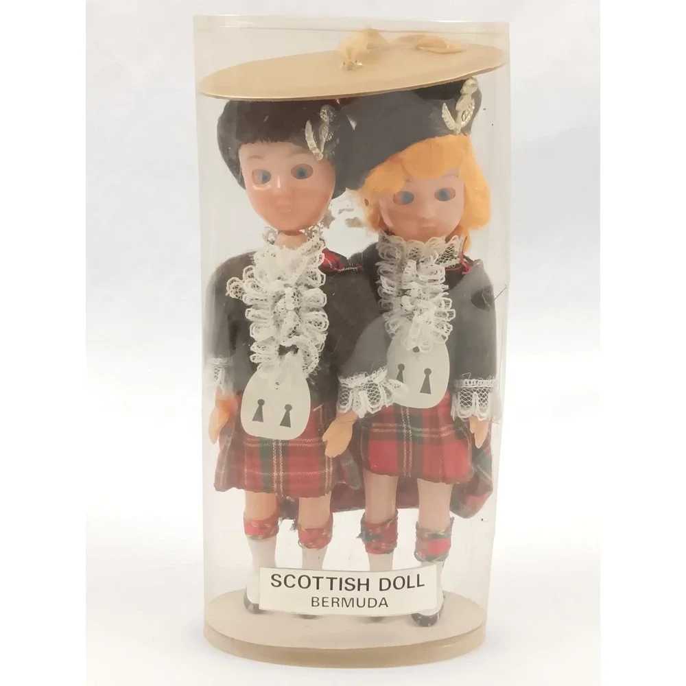 Vintage Scottish Dolls Bermuda‎ in Cylindrical Case Traditional Collectible Pair